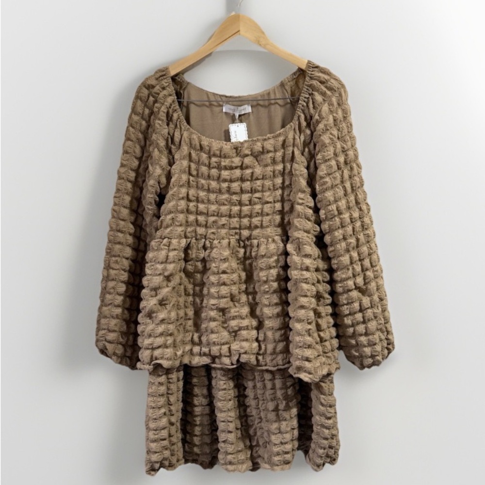 NWT Simply Southern Medium Tan Bubble Babydoll Dress Ruffle Long Sleeve Texture